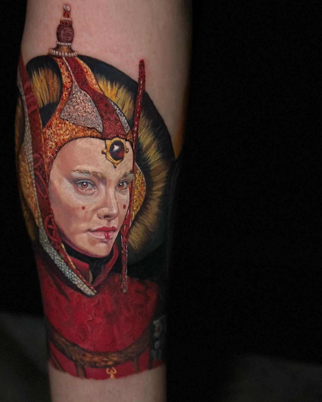 Queen Amidala portrait realism tattoo on the forearm by Raven Wood