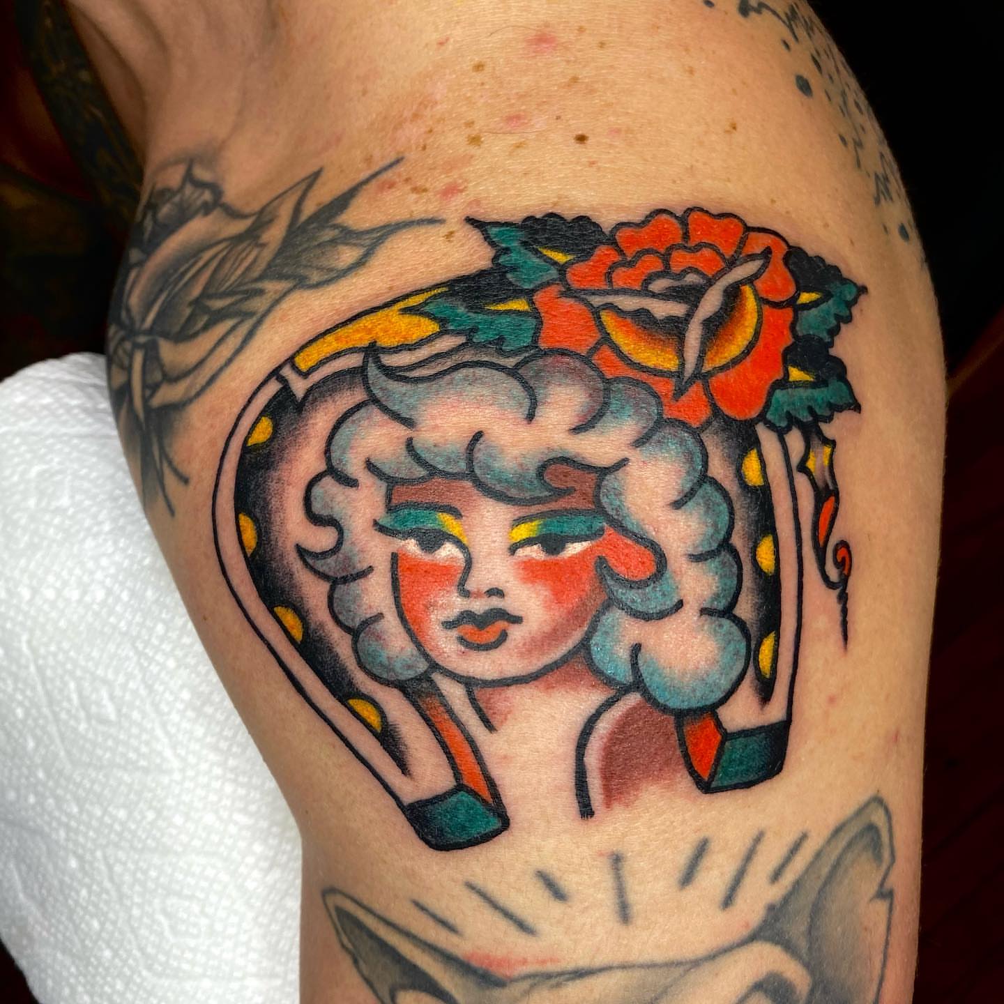Flapper girl American traditional tattoo on the thigh by Dorian Grey Baker