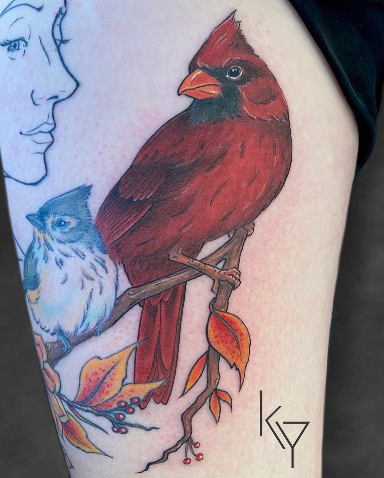 Cardinal bird realism tattoo on the thigh by ..✨ K I R S T y y O R K ✨..