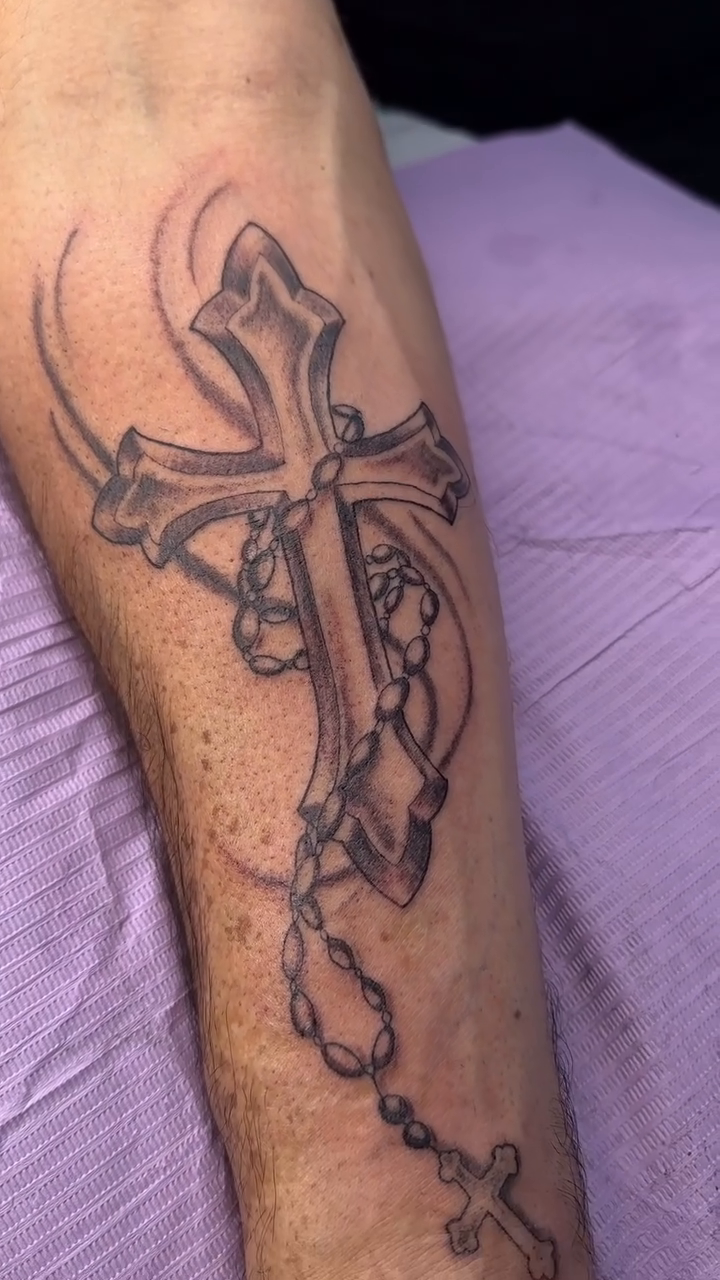 Cross with rosary beads realism tattoo by San Diego Tattoo Artist