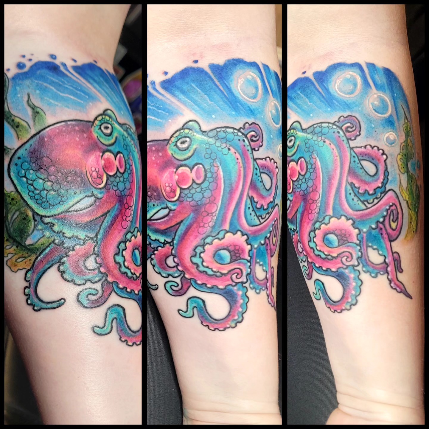 Octopus new school tattoo on the forearm by Dawne Michele