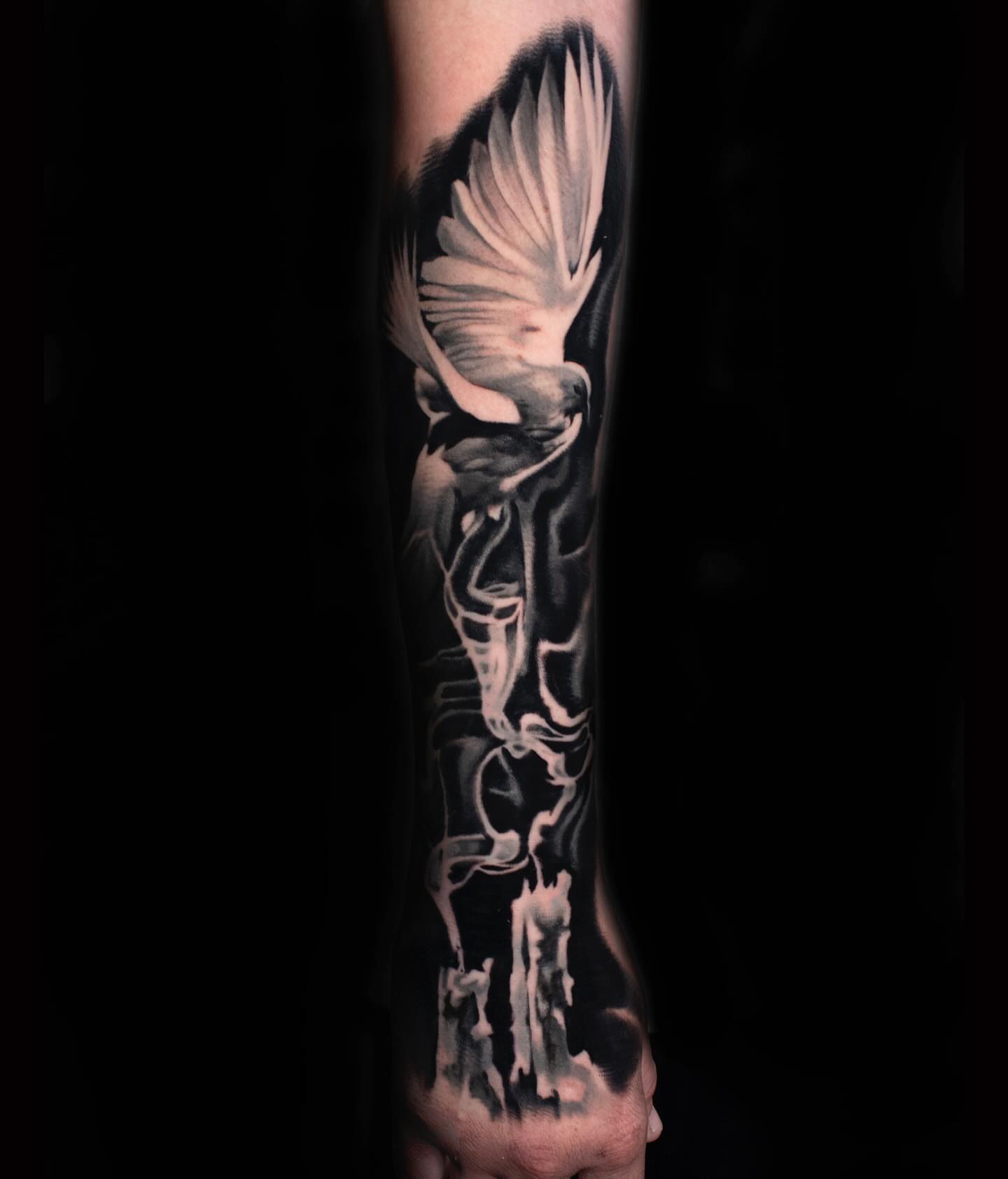 Bird black and grey tattoo on the forearm by Luke Benavidez