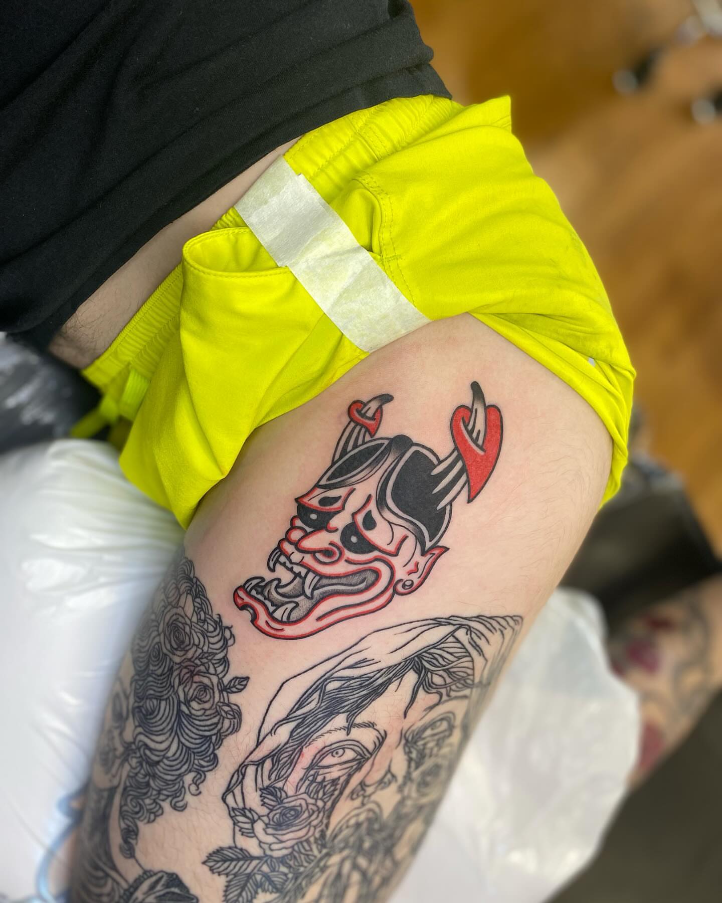 Demon mask japanese irezumi tattoo on the thigh by S C O T T