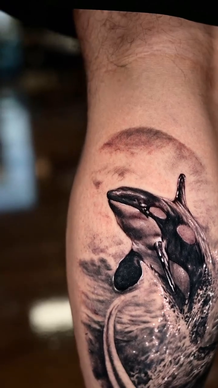 Orca whale breaching realism tattoo by Gregorio Devera