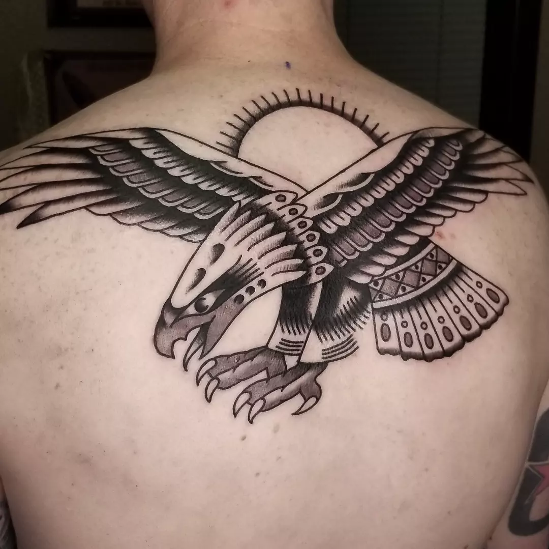 Eagle black and grey tattoo on the back by Deke Harms, Bend, Oregon