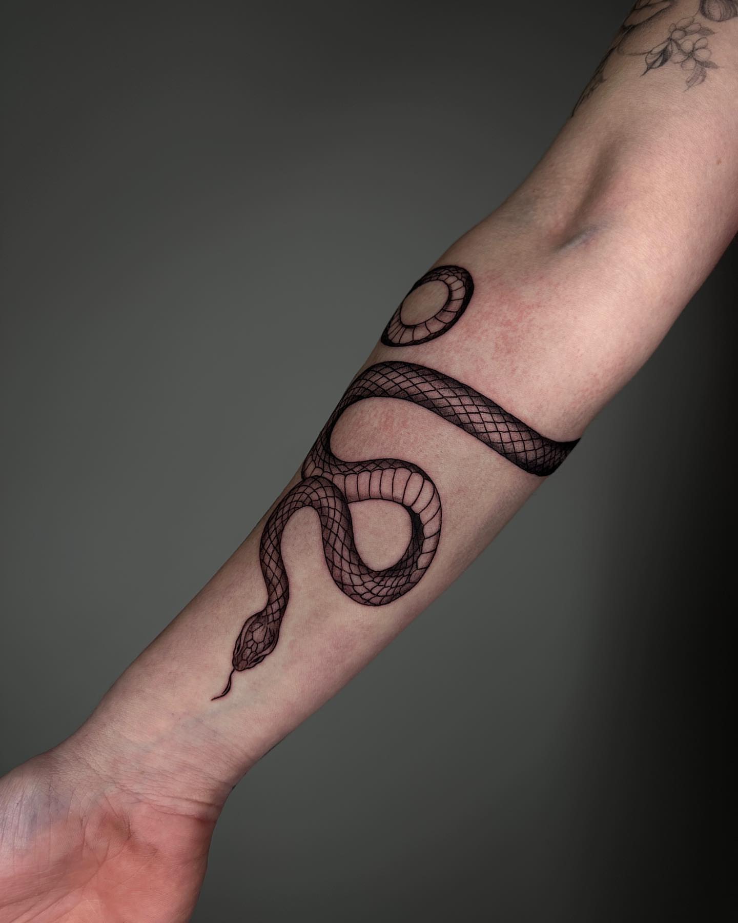 Snake black and grey tattoo on the forearm by A L e X