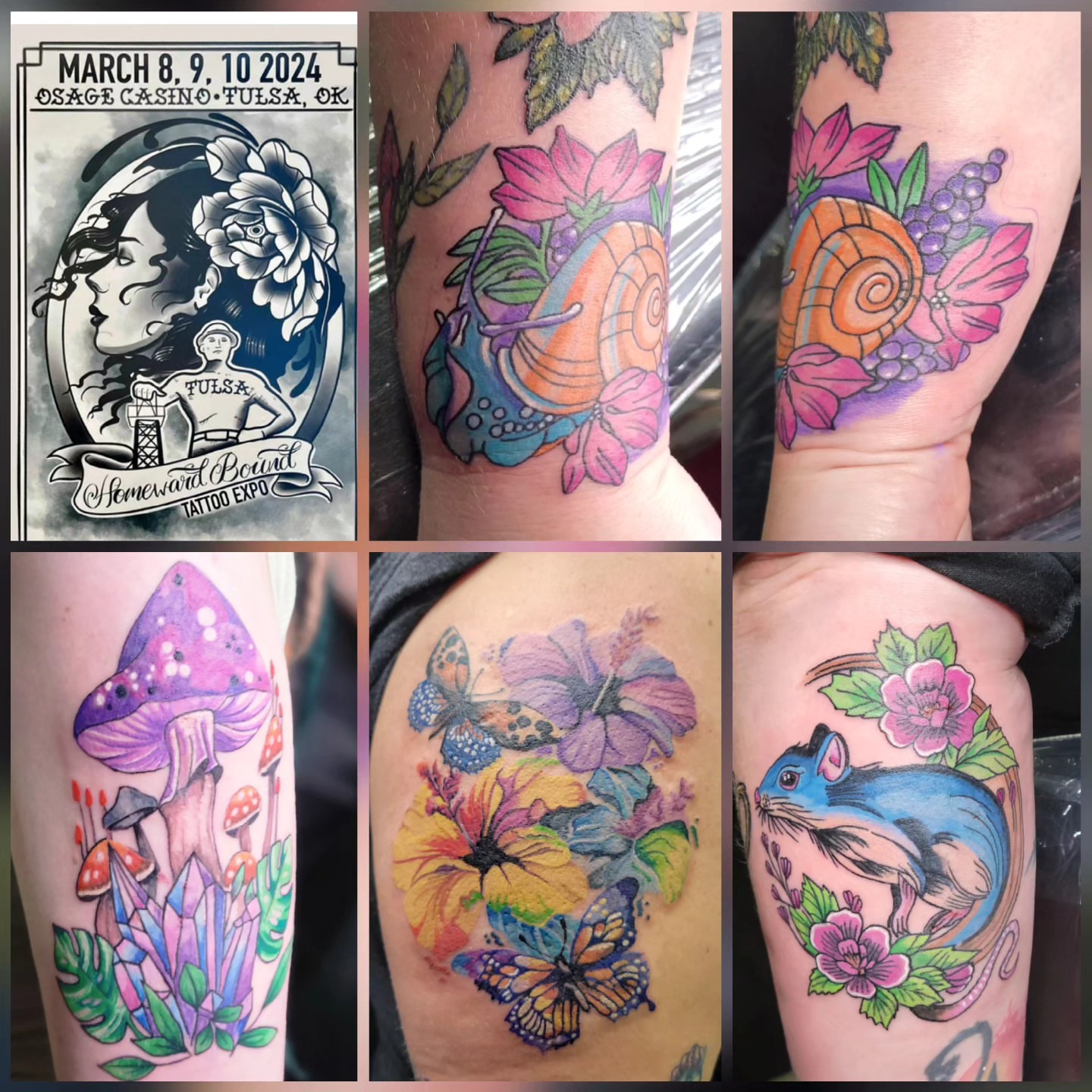 Snail and flowers watercolor tattoo on the forearm by Naez Ink AKA Renae Madison, Macomb, Illinois
