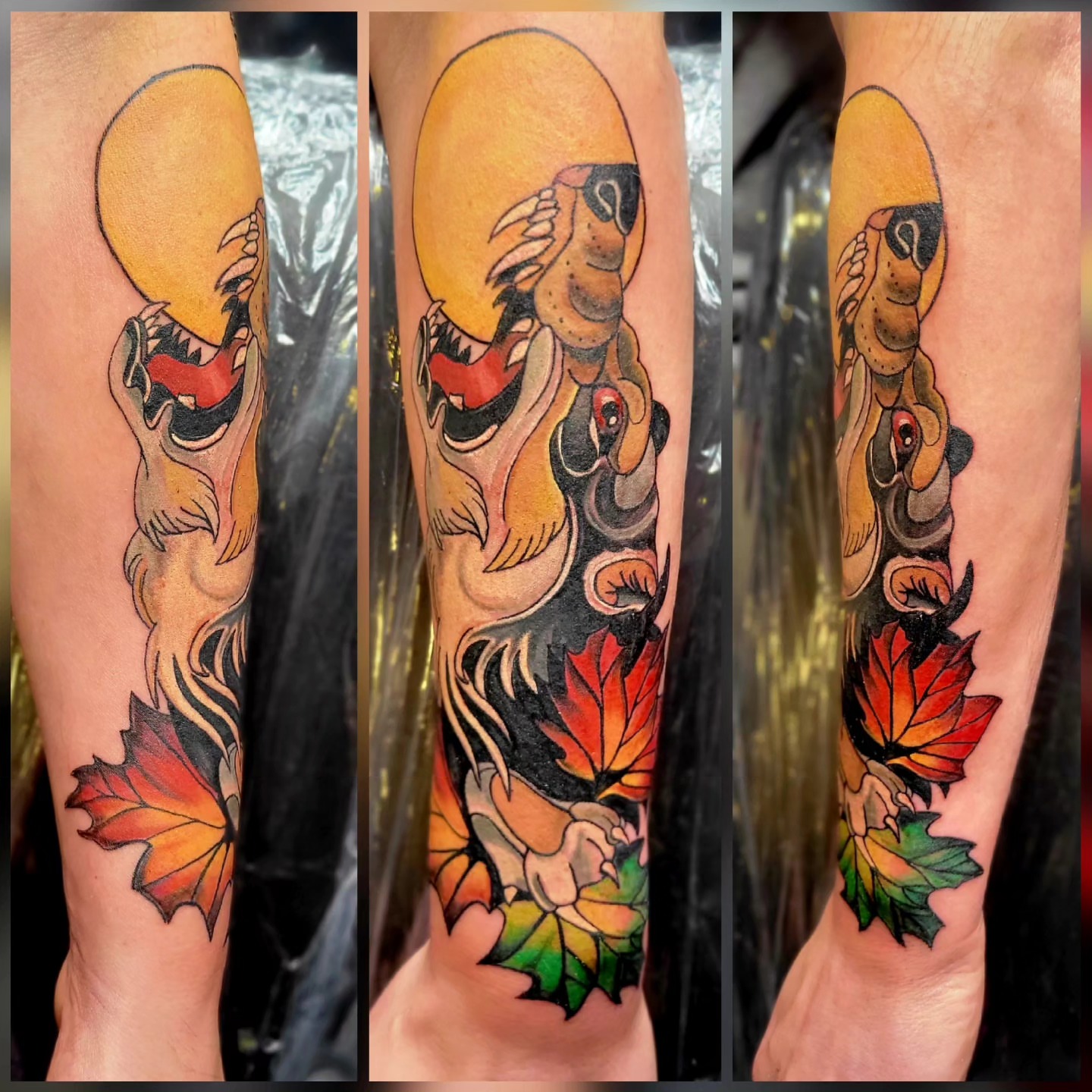 Monster with autumn leaves American traditional tattoo on the forearm by Naez Ink AKA Renae Madison, Macomb, Illinois