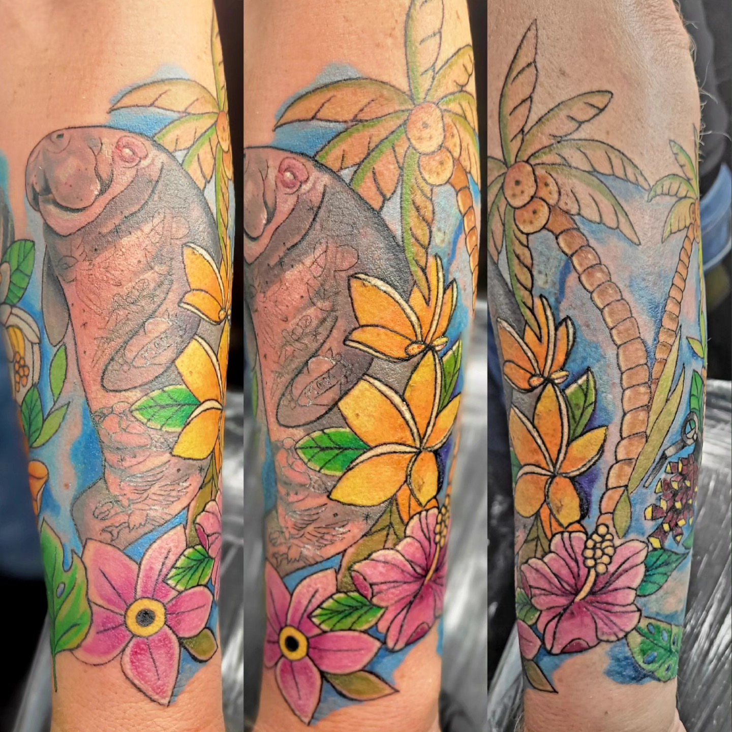 Manatee and tropical flowers new school tattoo on the forearm by Naez Ink AKA Renae Madison, Macomb, Illinois