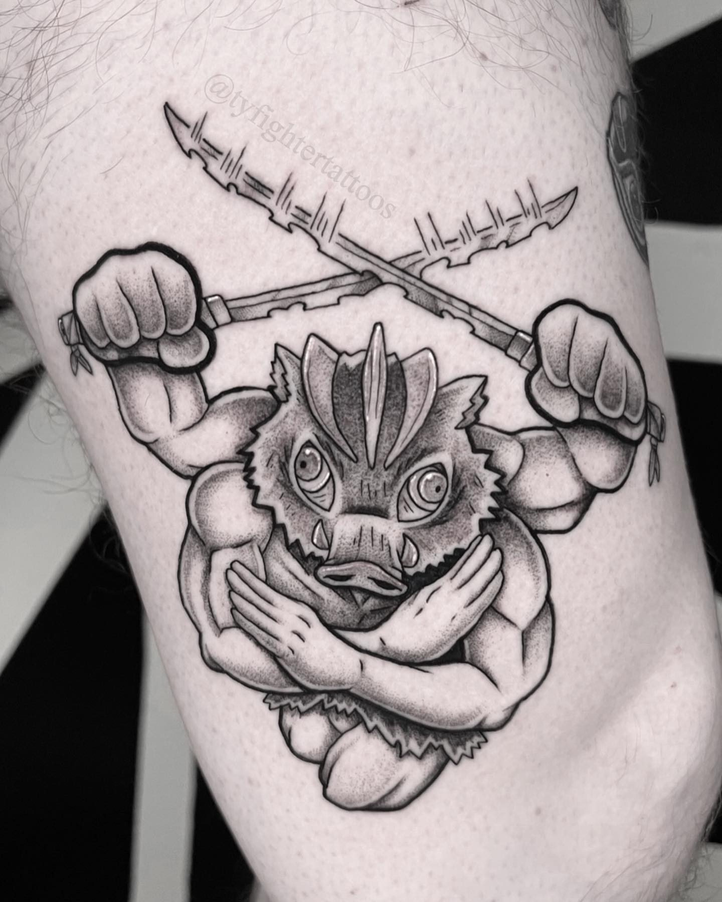 Demon warrior realism tattoo on the thigh by Ty engler, Northglenn, Colorado