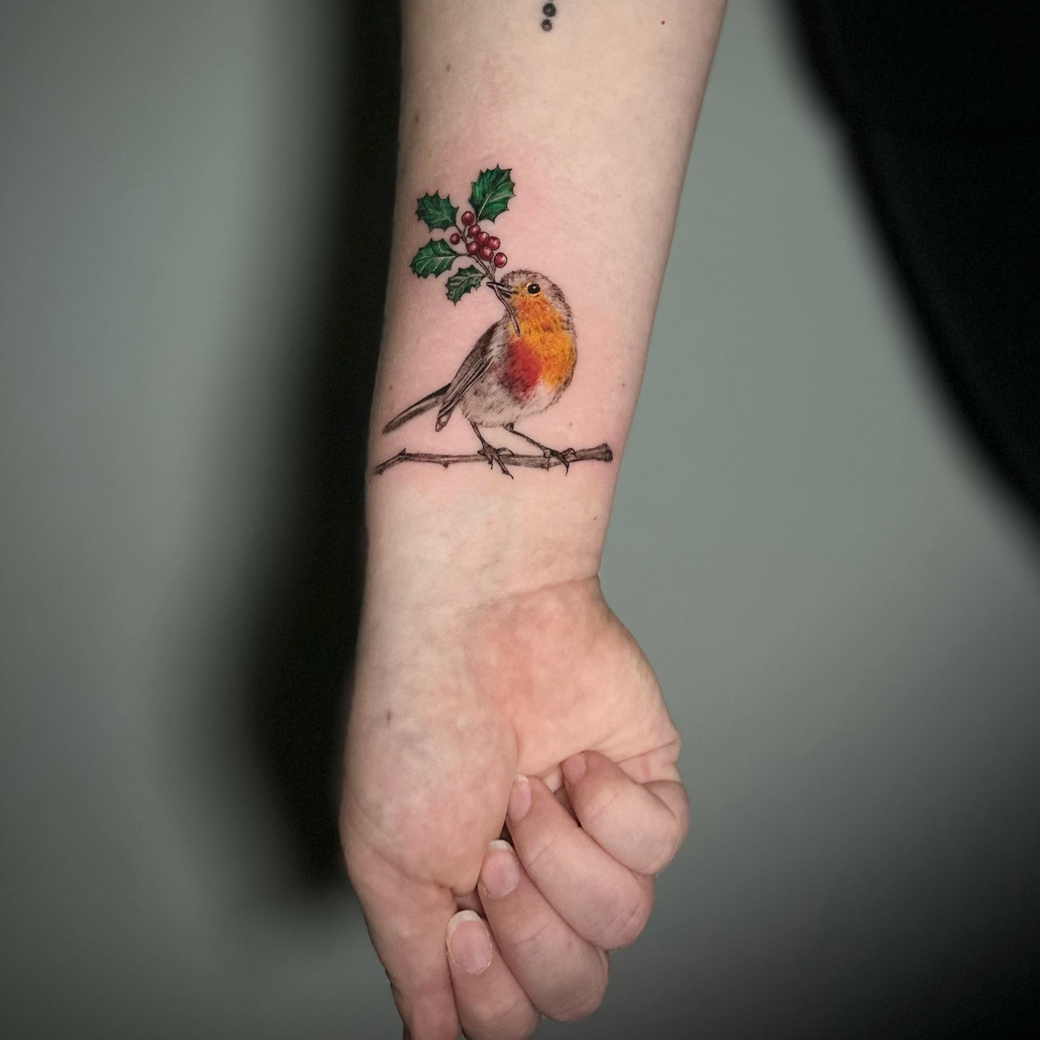 Bird with holly realism tattoo on the forearm by Megan McKee Tattoo Artist