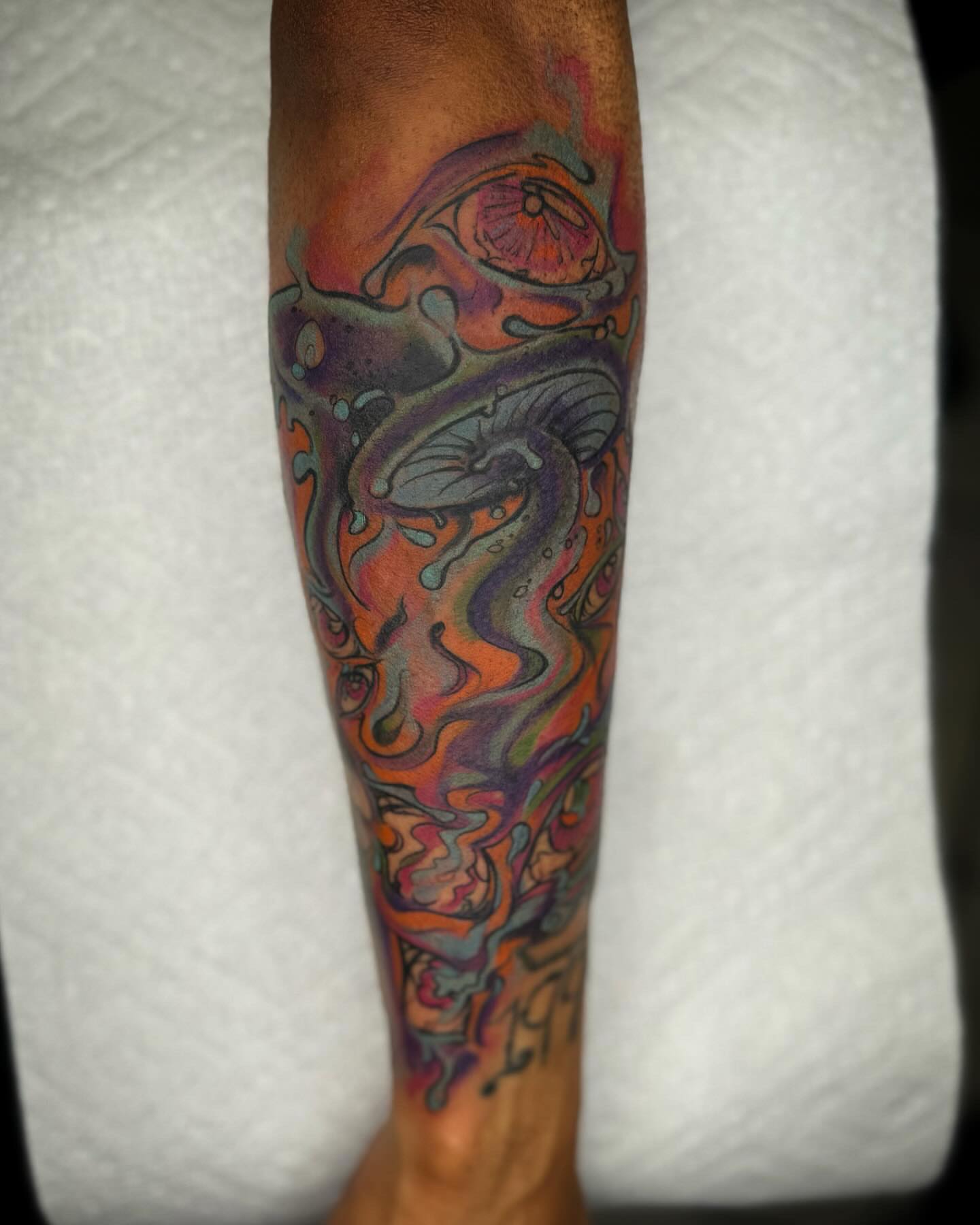 Mushroom and eye new school tattoo on the forearm by @inkhazmat