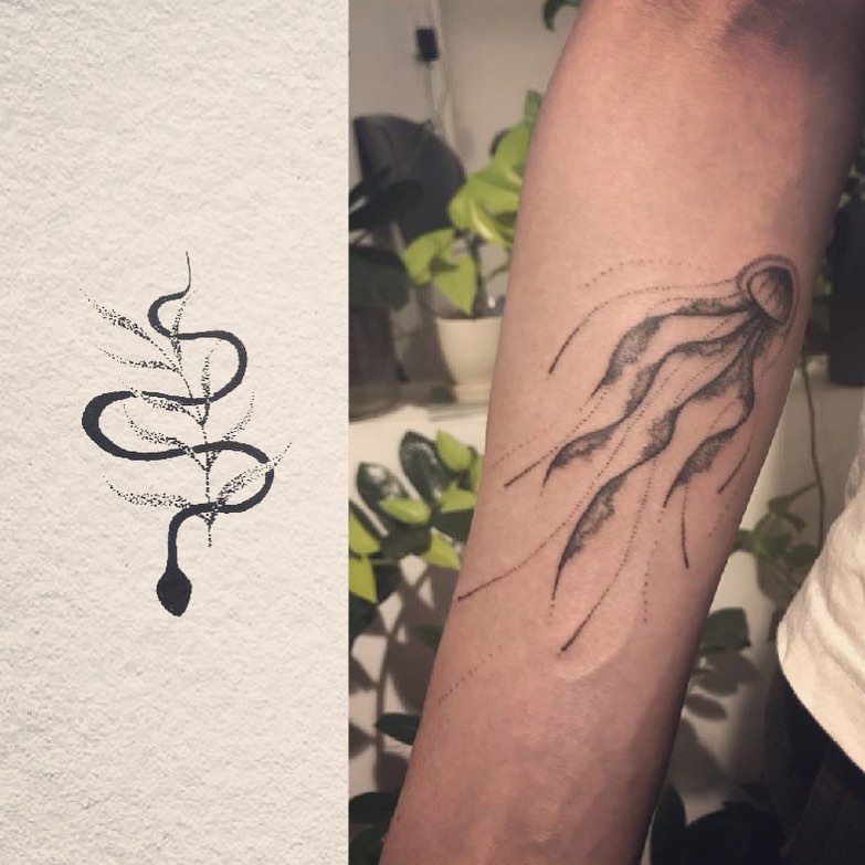 Squid dotwork tattoo on the forearm by Gaya