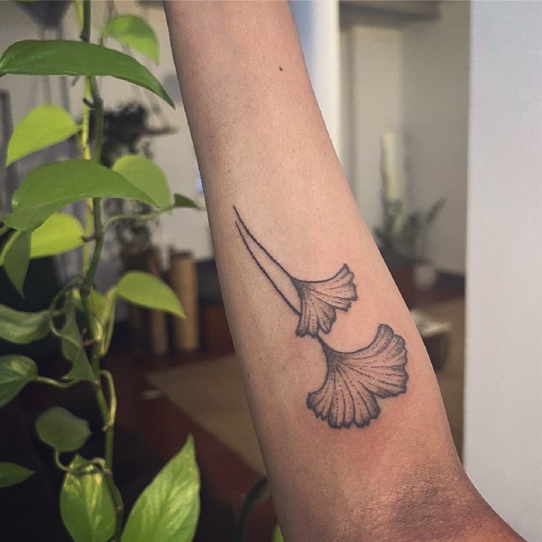 Gingko leaves black and grey tattoo on the forearm by Gaya