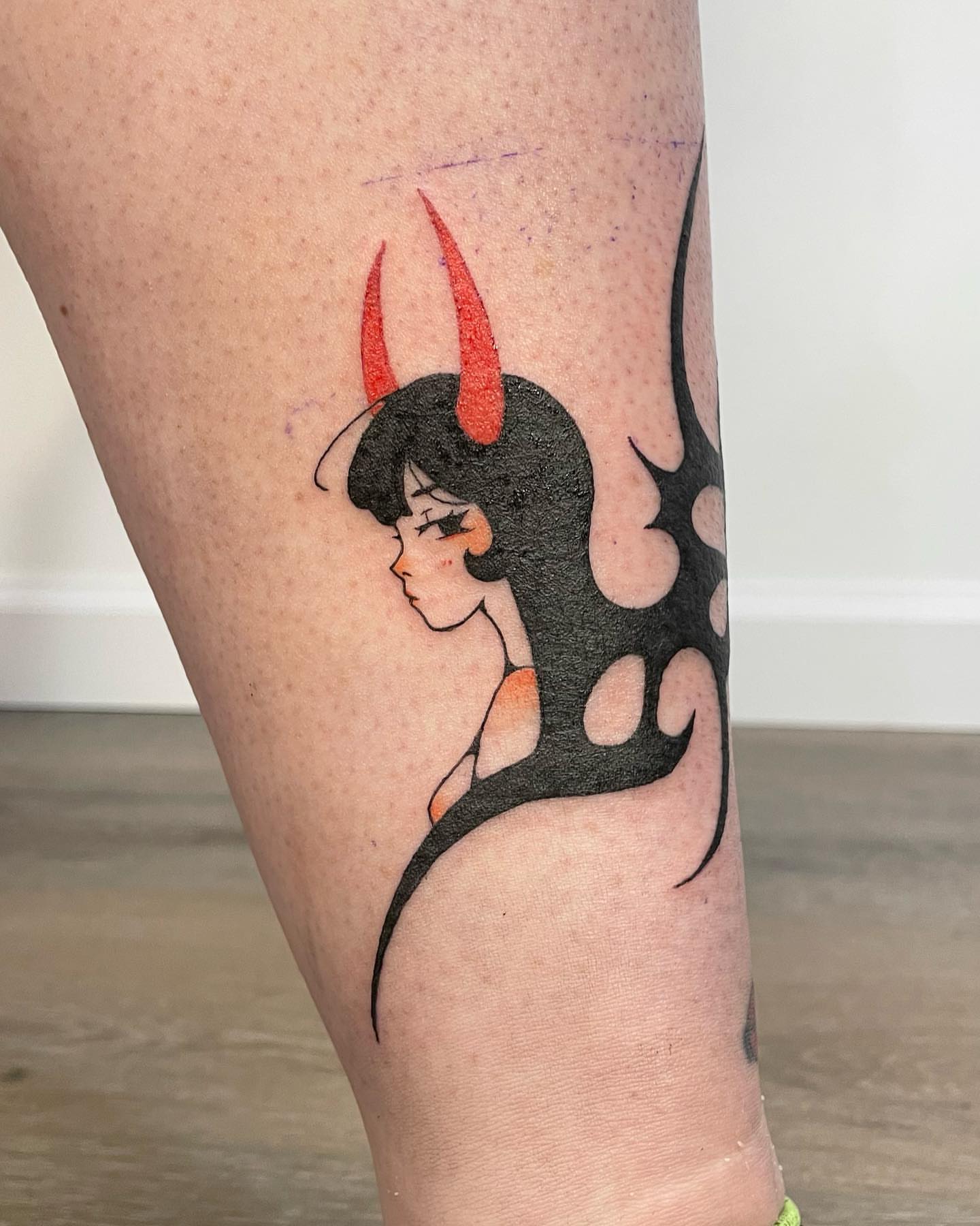 Anime character anime tattoo on the thigh by sarah ✶