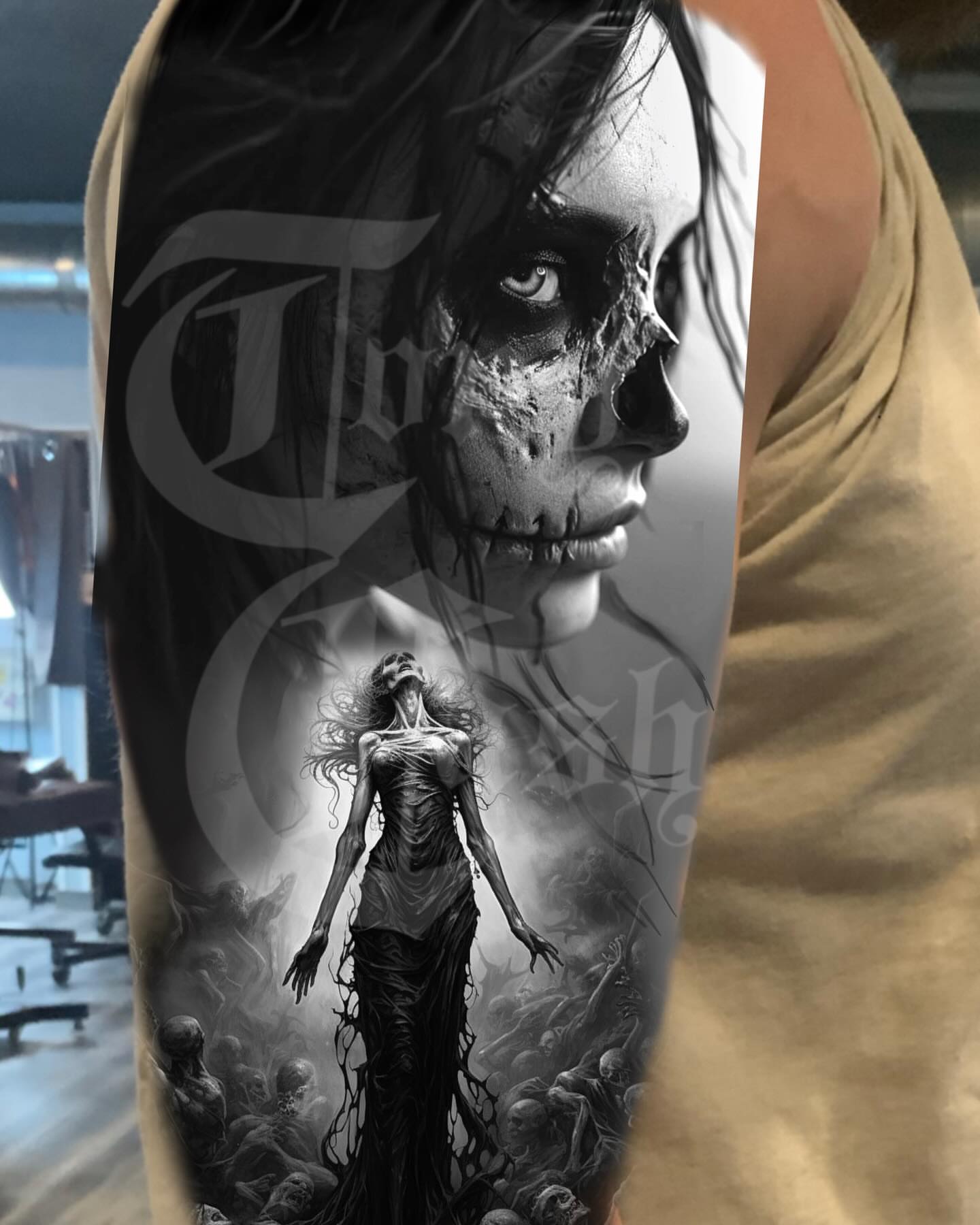 Skeleton woman dark realism tattoo on the forearm by Antonio Massimino