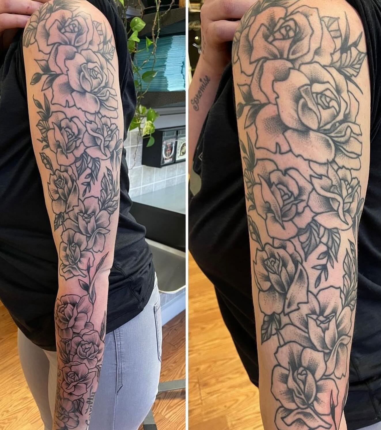 Roses black and grey tattoo on the forearm by Strange Brew Tattoo