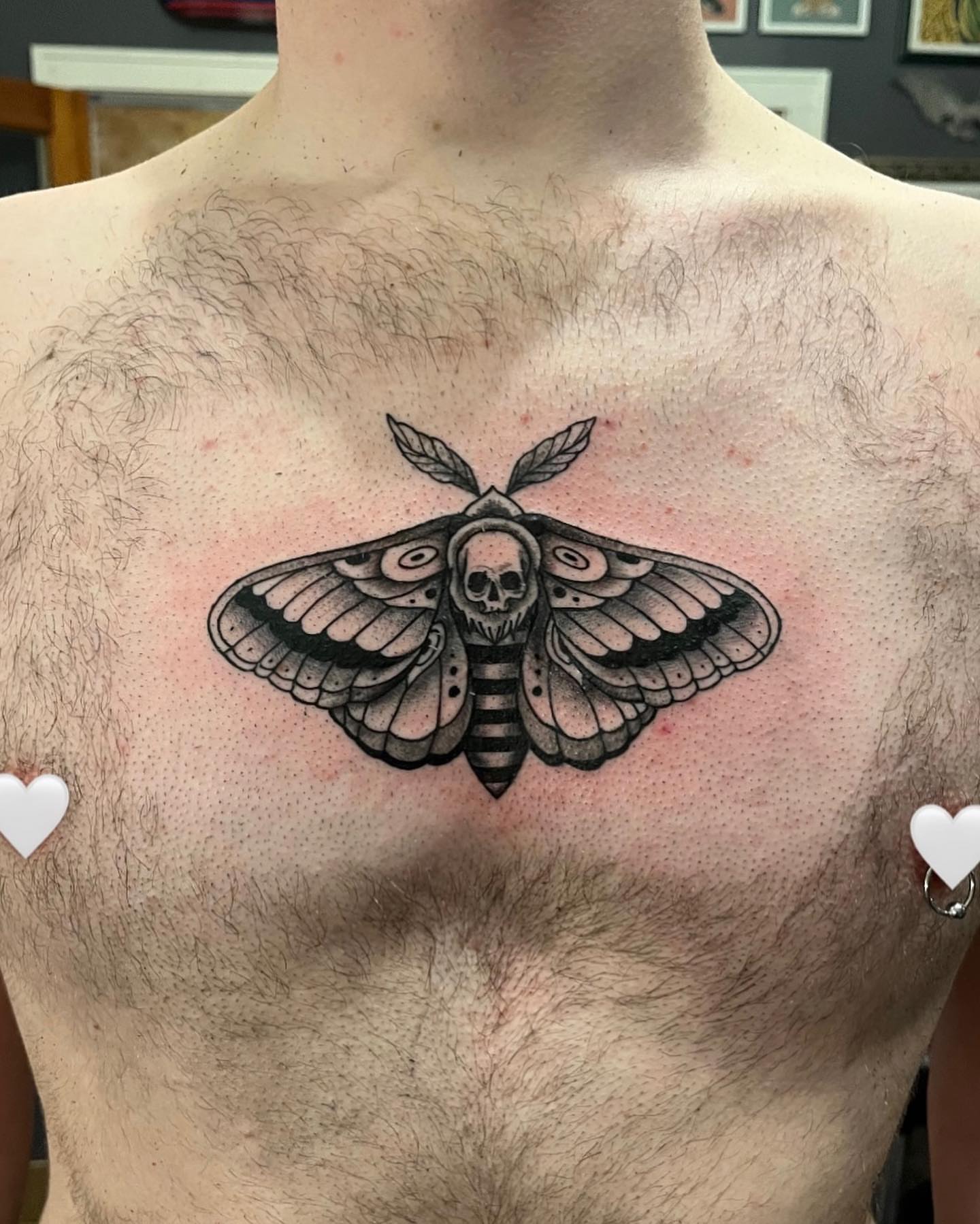 Death moth dotwork tattoo on the chest by Kenzie🖤