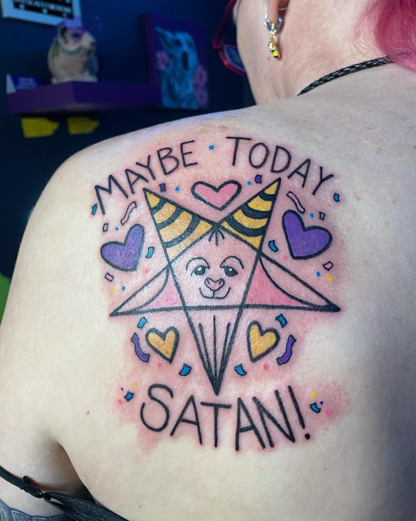 Maybe today satani dotwork tattoo on the shoulder by Tesla Kohl