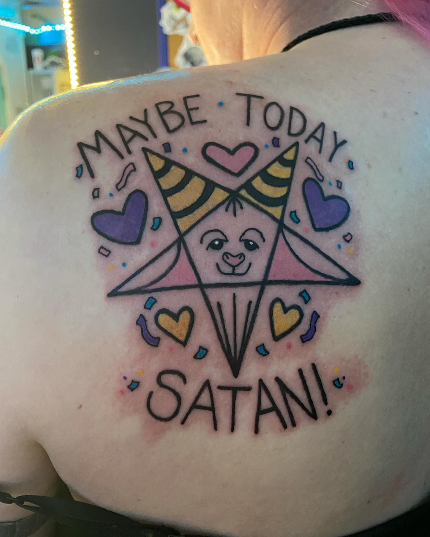 Maybe today satani new school tattoo on the shoulder by Tesla Kohl