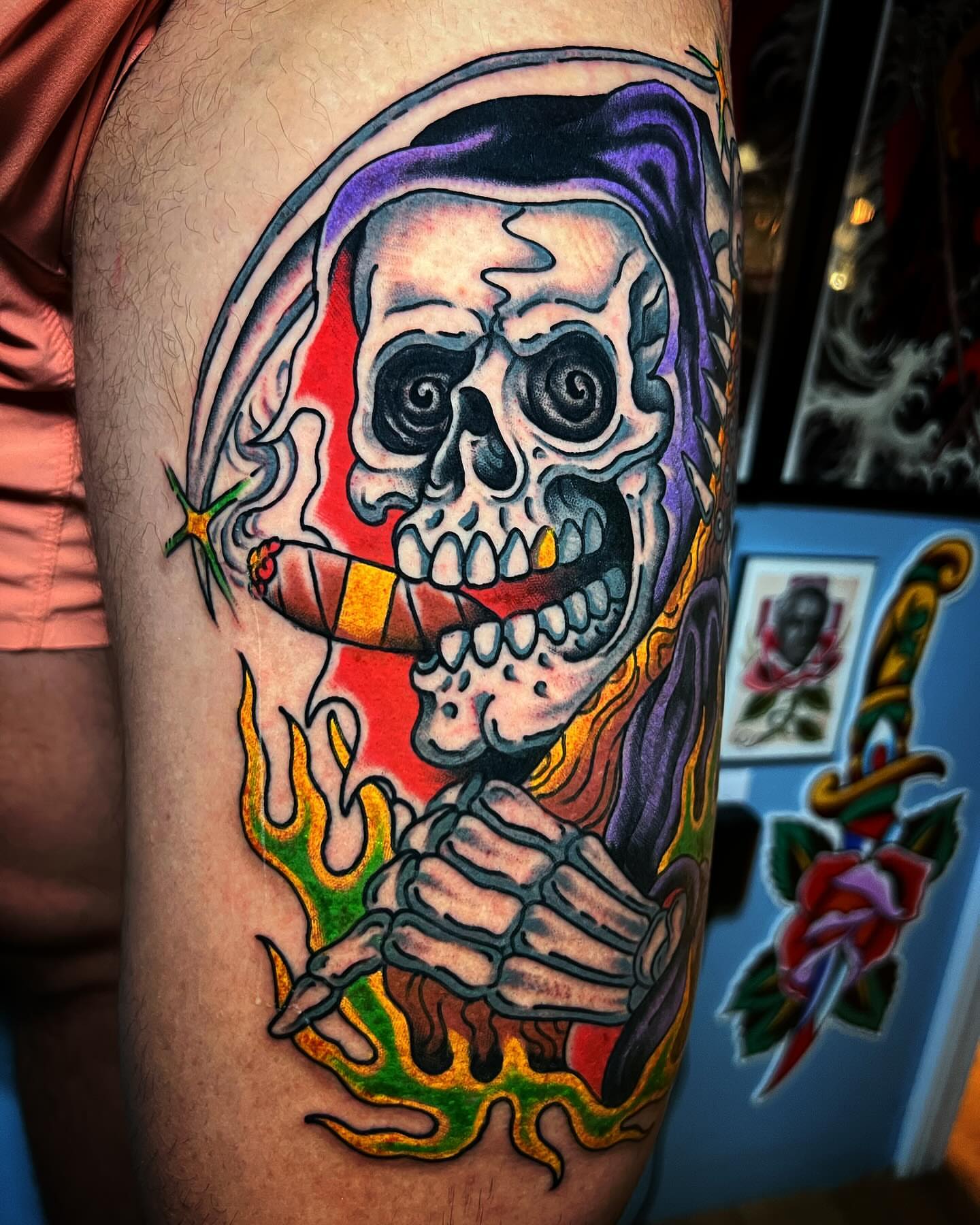 Smoking skeleton American traditional tattoo on the forearm by Barron