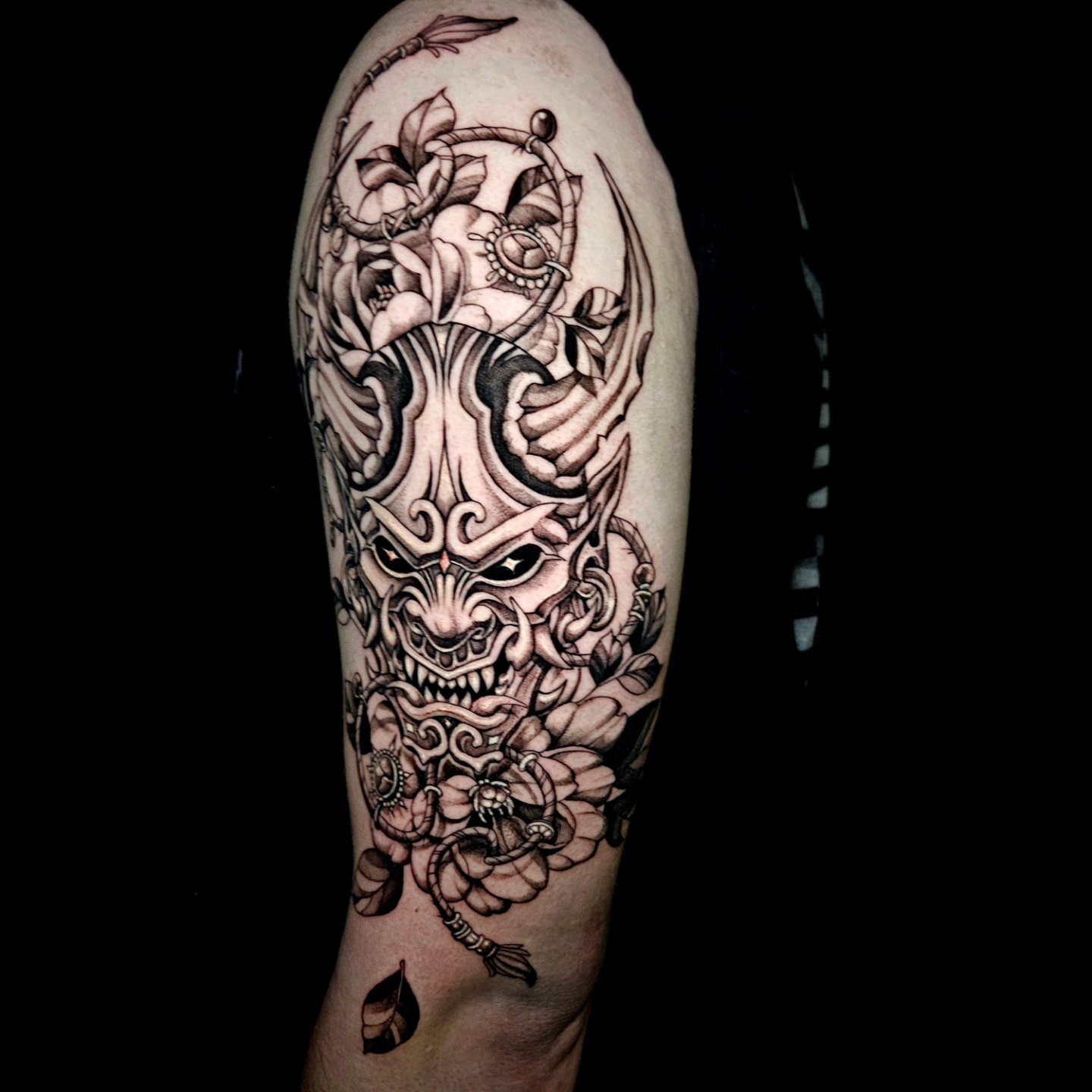 Mask with floral elements japanese irezumi tattoo on the forearm by Sydney Paige, Mentor, Ohio