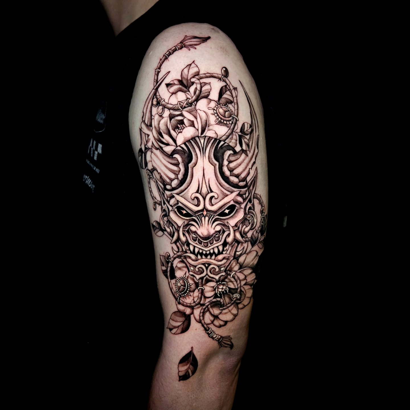 Demon mask japanese irezumi tattoo on the forearm by Sydney Paige, Mentor, Ohio