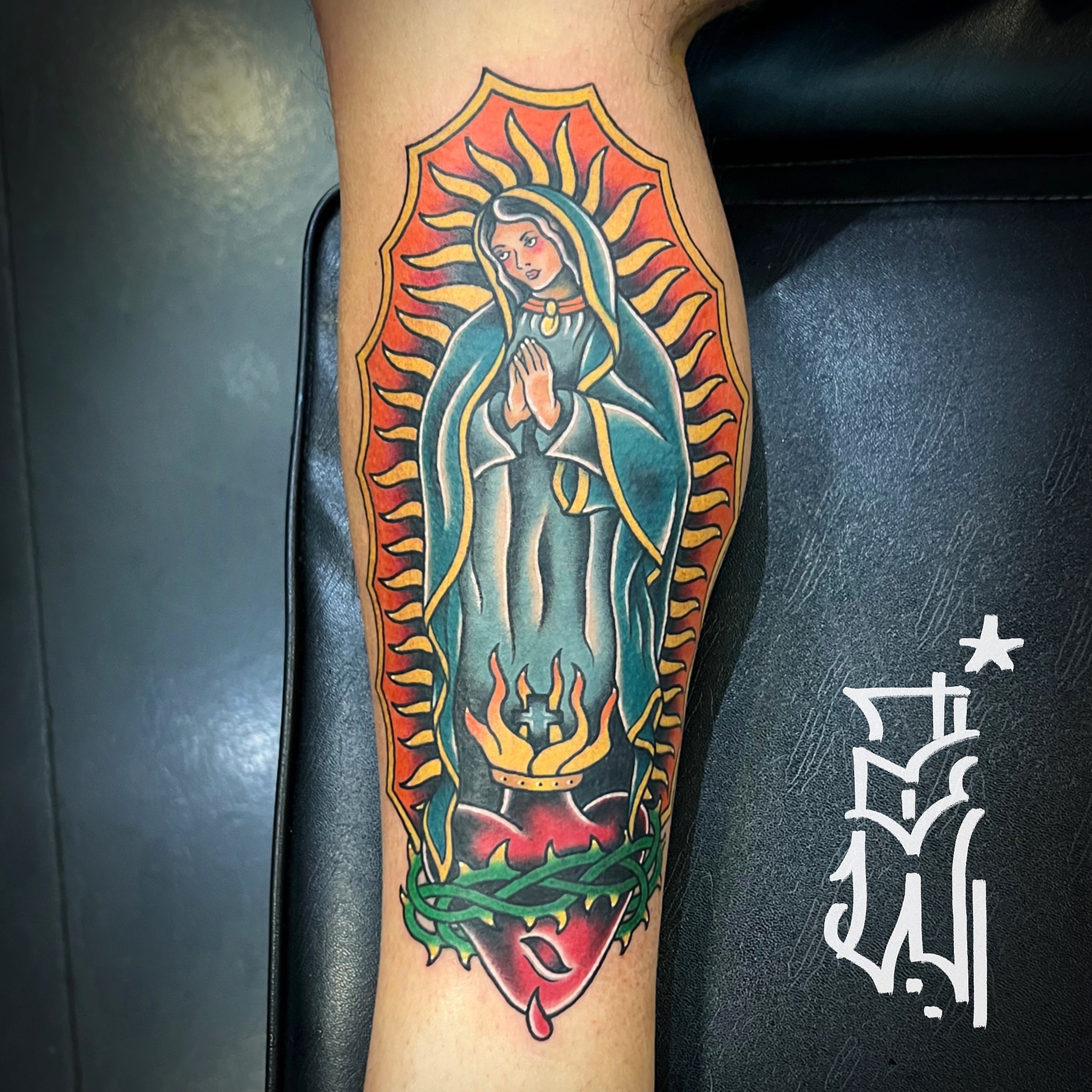 Our Lady of Guadalupe American traditional tattoo on the forearm by Zack Havoc