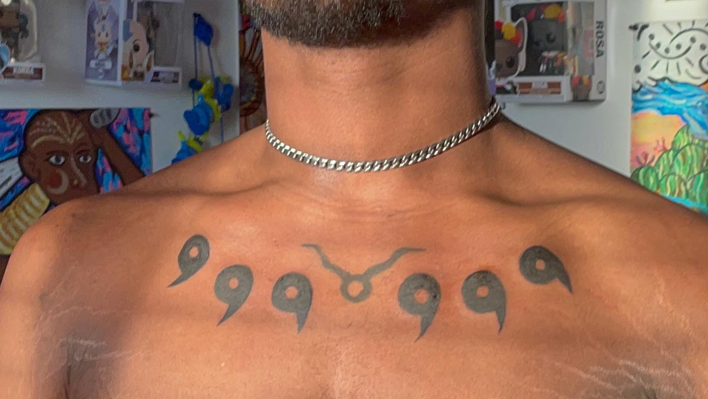 Numbers and bird lettering script tattoo on the chest by ART