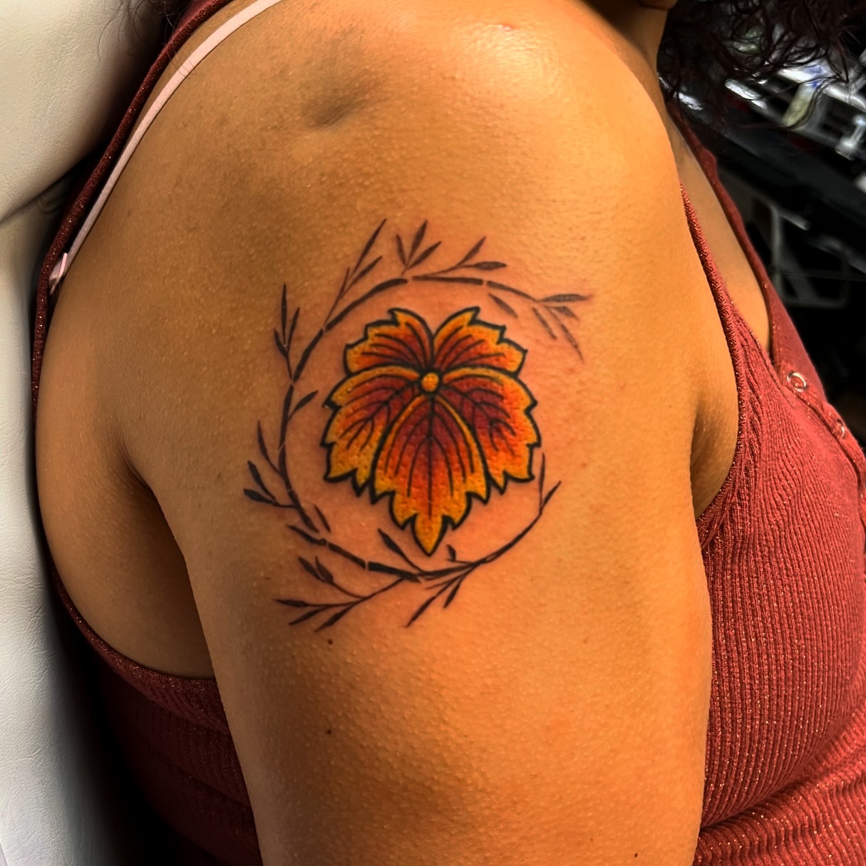 Flower dotwork tattoo on the shoulder by Houston Tattoo Artist