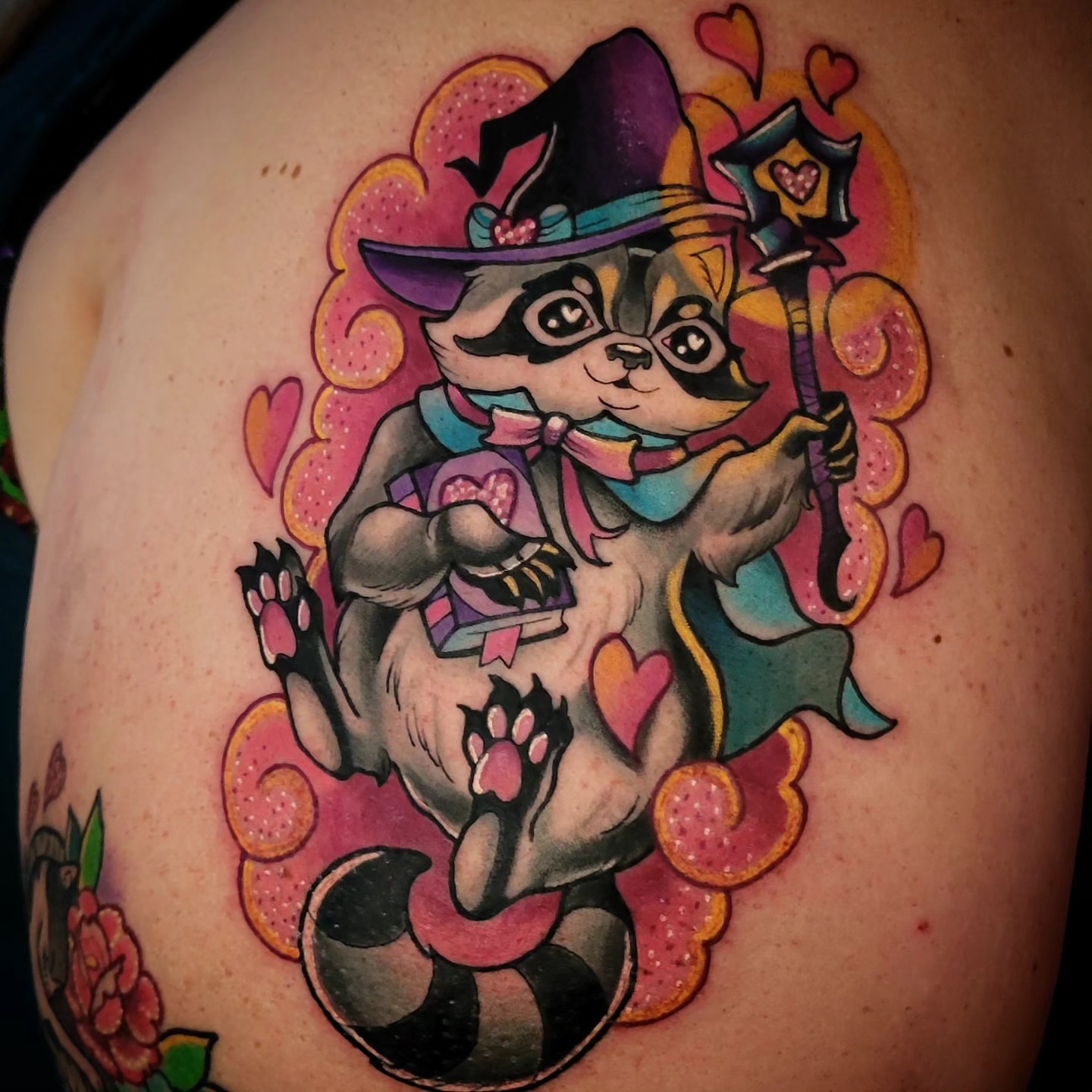 Raccoon witch American traditional tattoo on the shoulder by @lovelornpotato