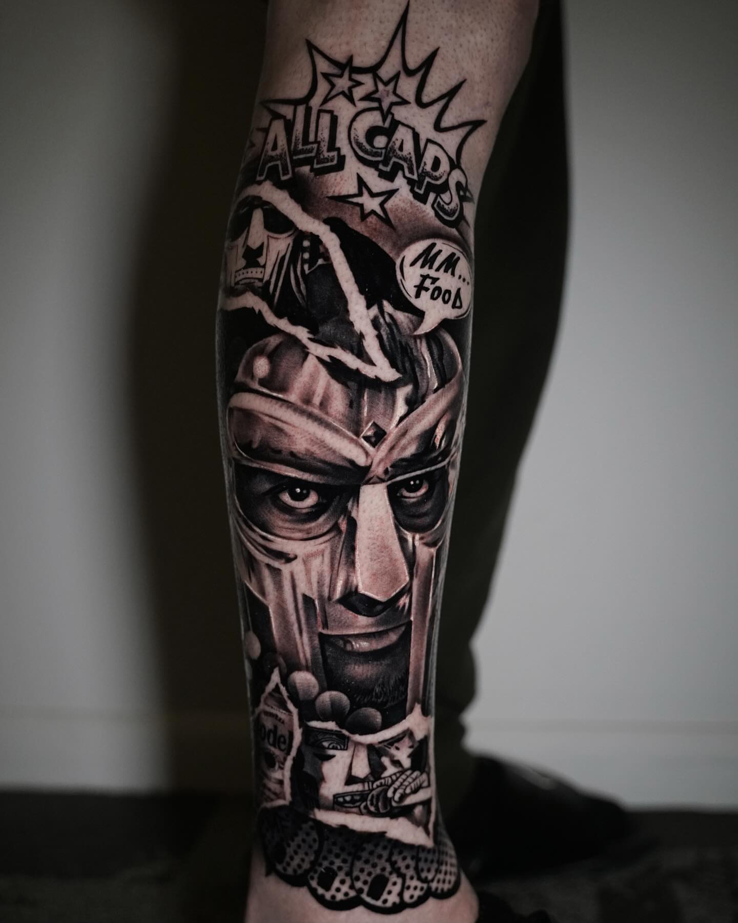 Military helmeted figure realism tattoo on the forearm by Leslie Preciado