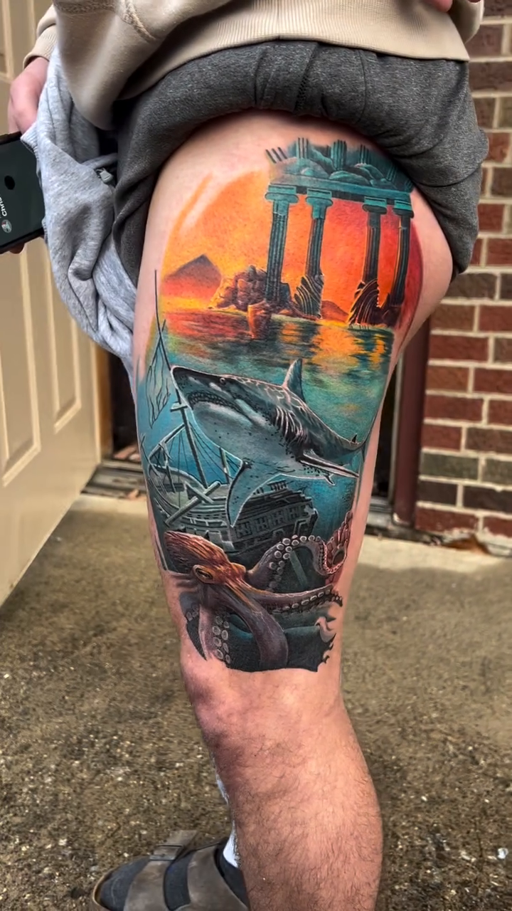 Nautical scene with ancient ruins realism tattoo by Adam Zgorliski_STStattoo