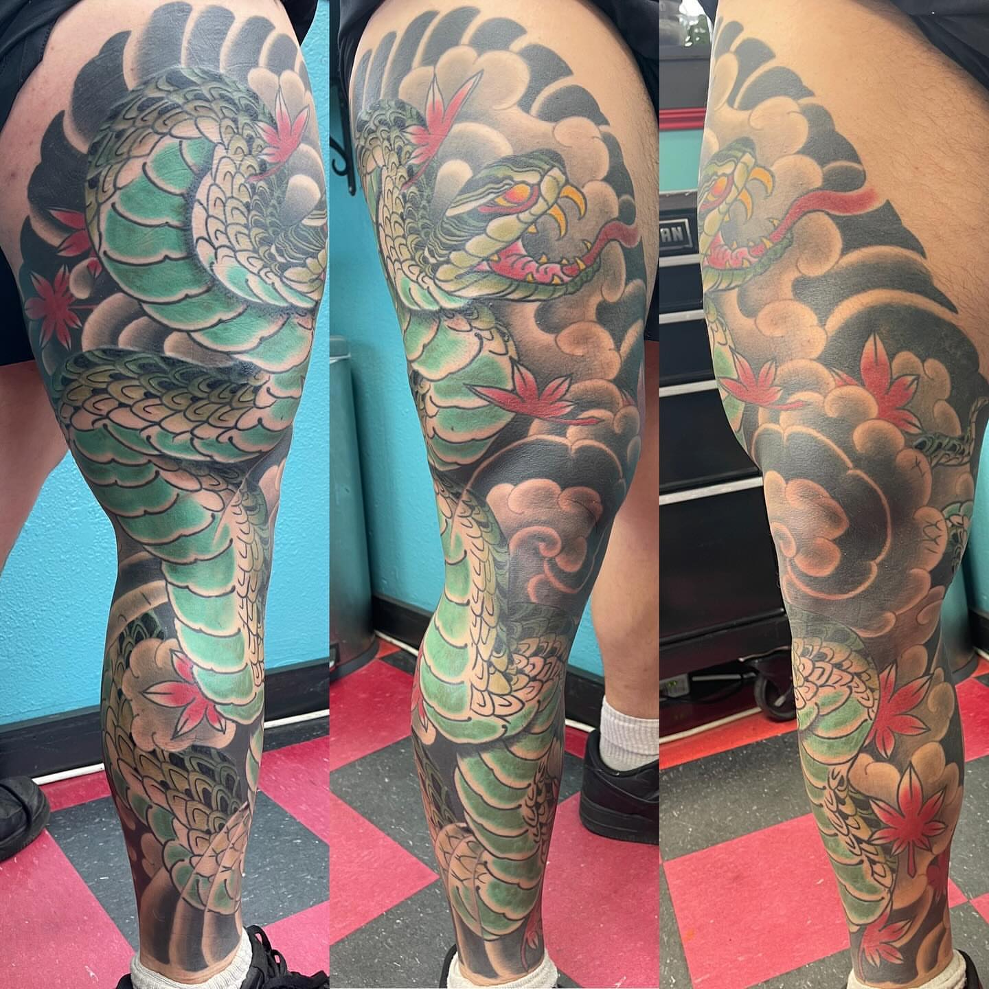 Snake and clouds japanese irezumi tattoo on the leg by DemianThompson