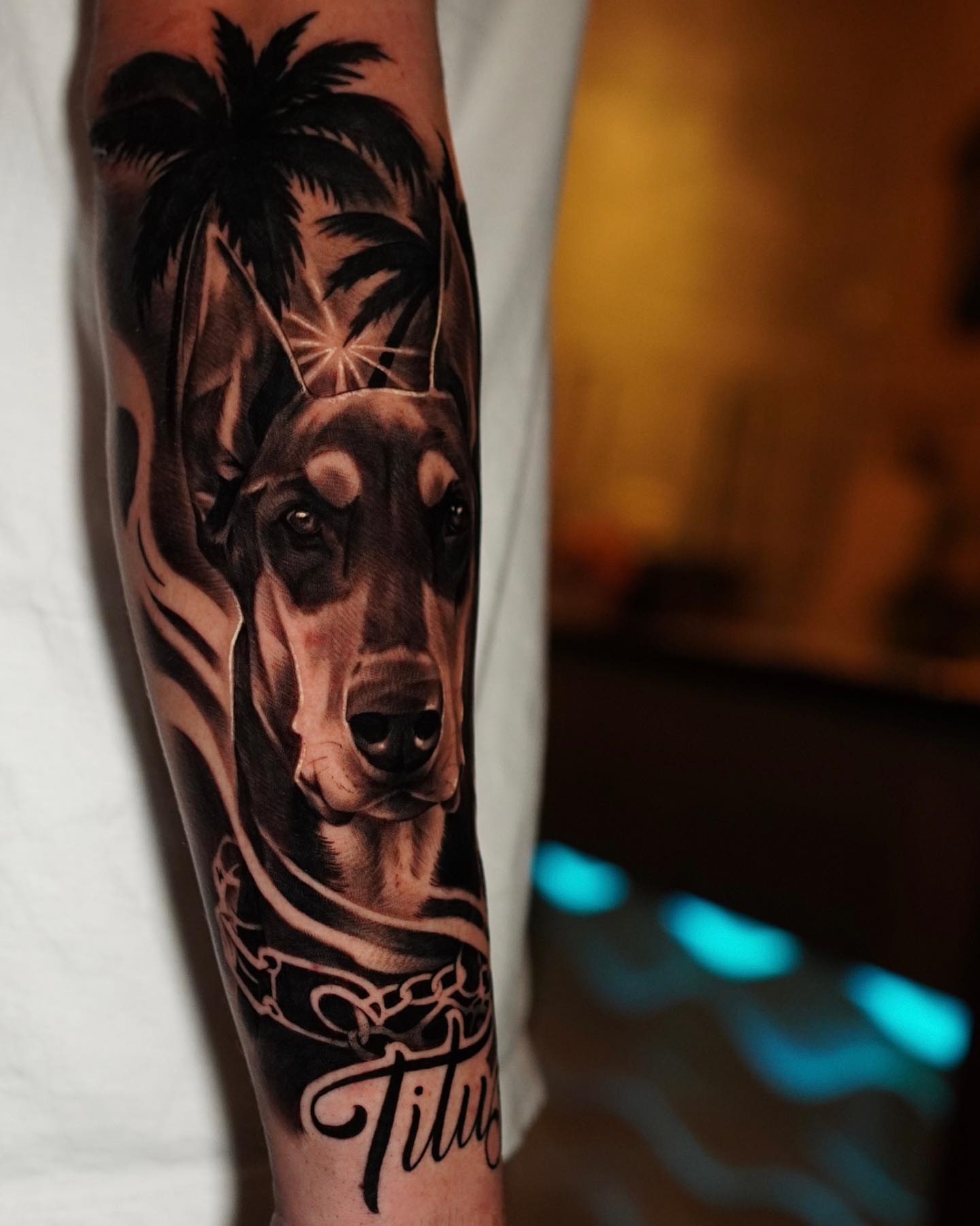 Dog portrait realism tattoo on the forearm by Jesse Missman
