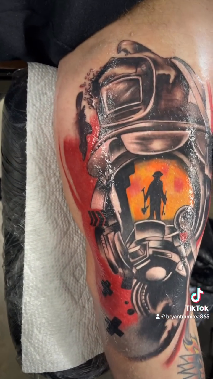 Gas mask with figure realism tattoo by Bryant Ramirez