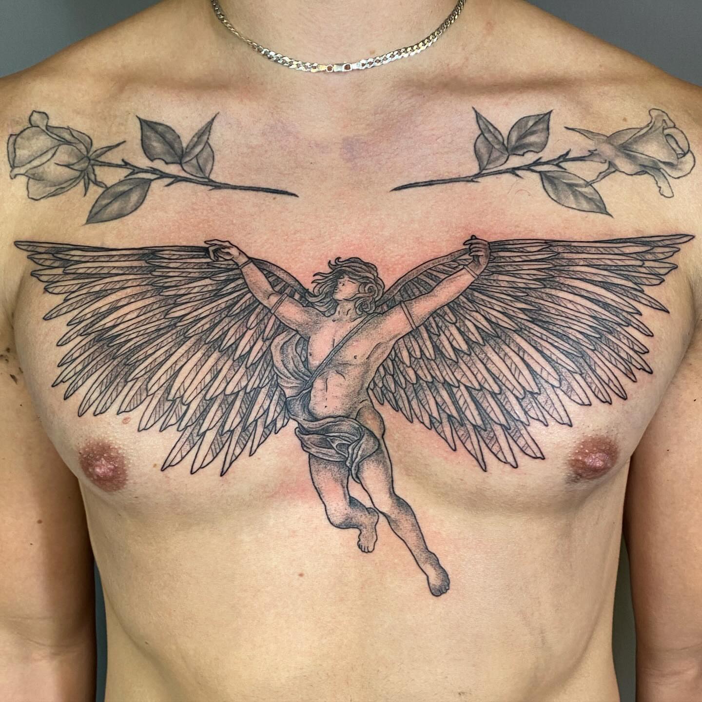 Angel with wings black and grey tattoo on the chest by 𝕤𝕒𝕣𝕒𝕙 𝕞𝕠𝕣𝕒𝕟📌, Dayton, Ohio
