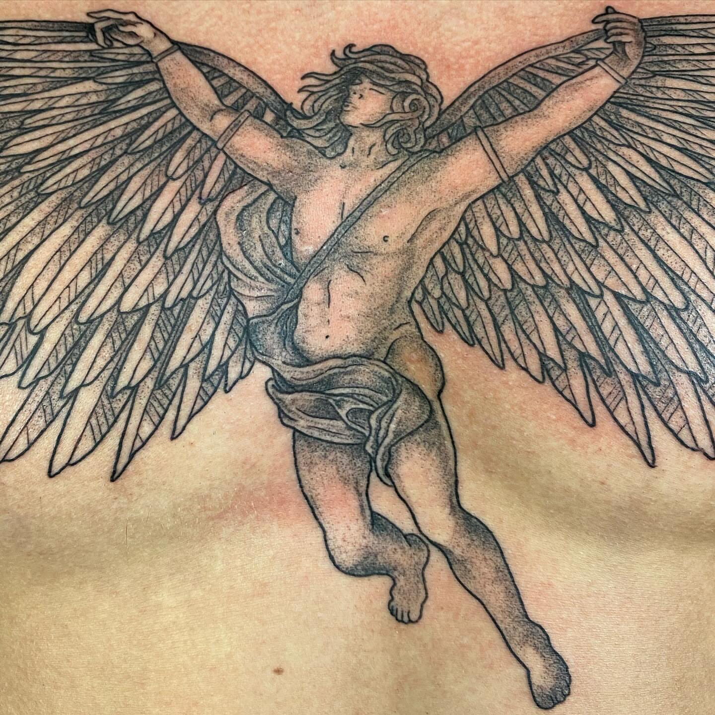 Winged angel black and grey tattoo on the chest by 𝕤𝕒𝕣𝕒𝕙 𝕞𝕠𝕣𝕒𝕟📌, Dayton, Ohio