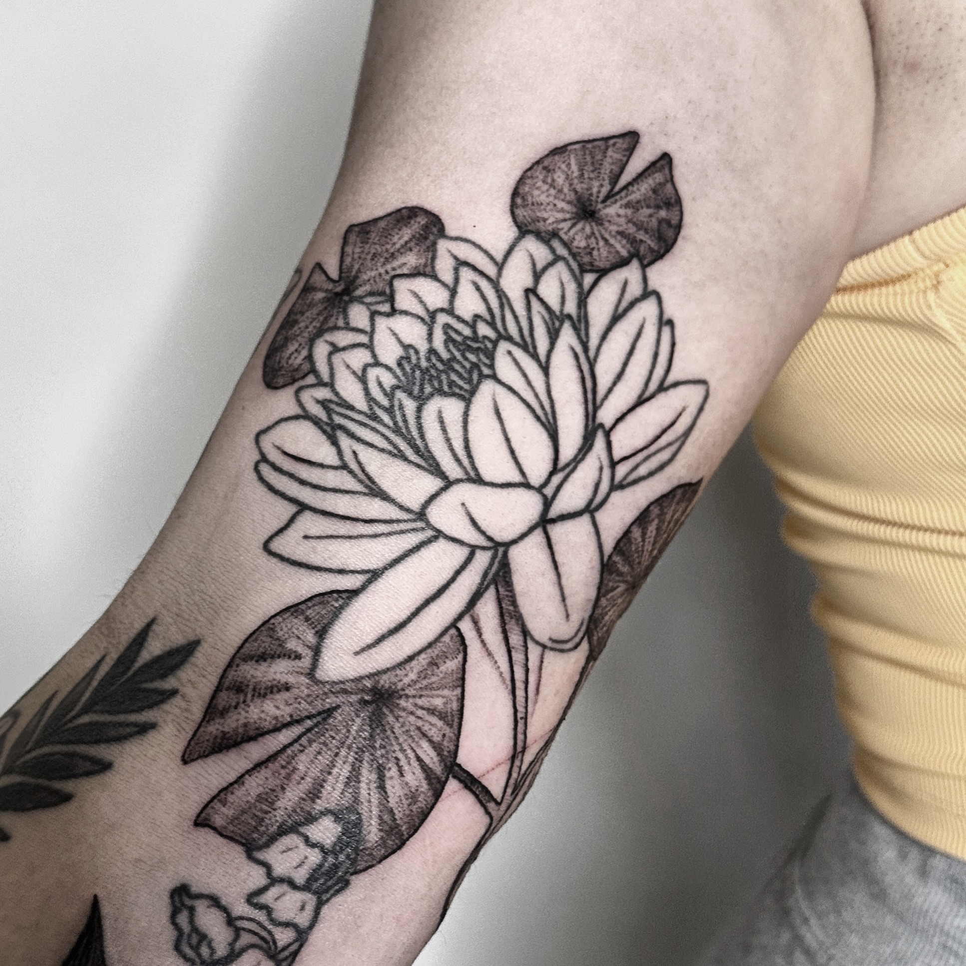 Lotus flower black and grey tattoo on the forearm by ๐ฌ๐๐๐๐๐๐ ๐ฟ๐๐๐๐๐๐, Dickson, Tennessee