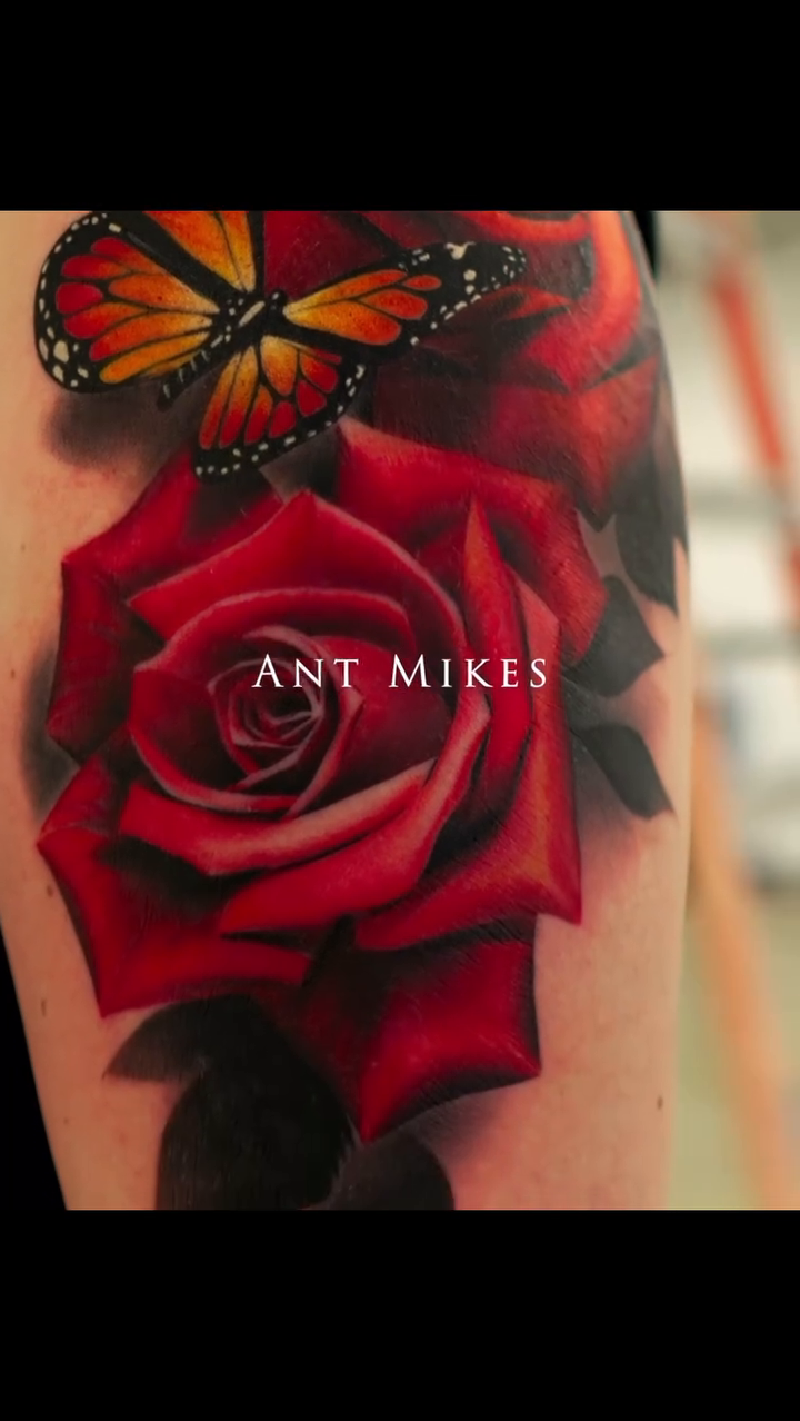Rose and butterfly realism tattoo by Anthony Michaels, Tucson, Arizona