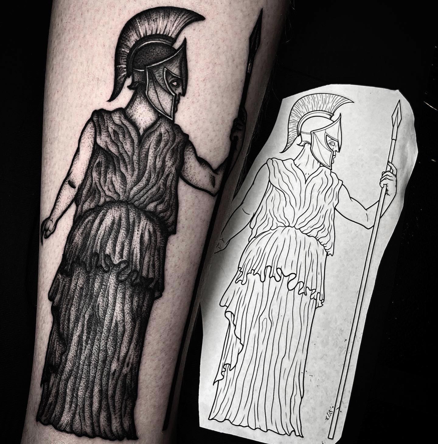 Ancient warrior dotwork tattoo on the forearm by Jared🗡Hughes