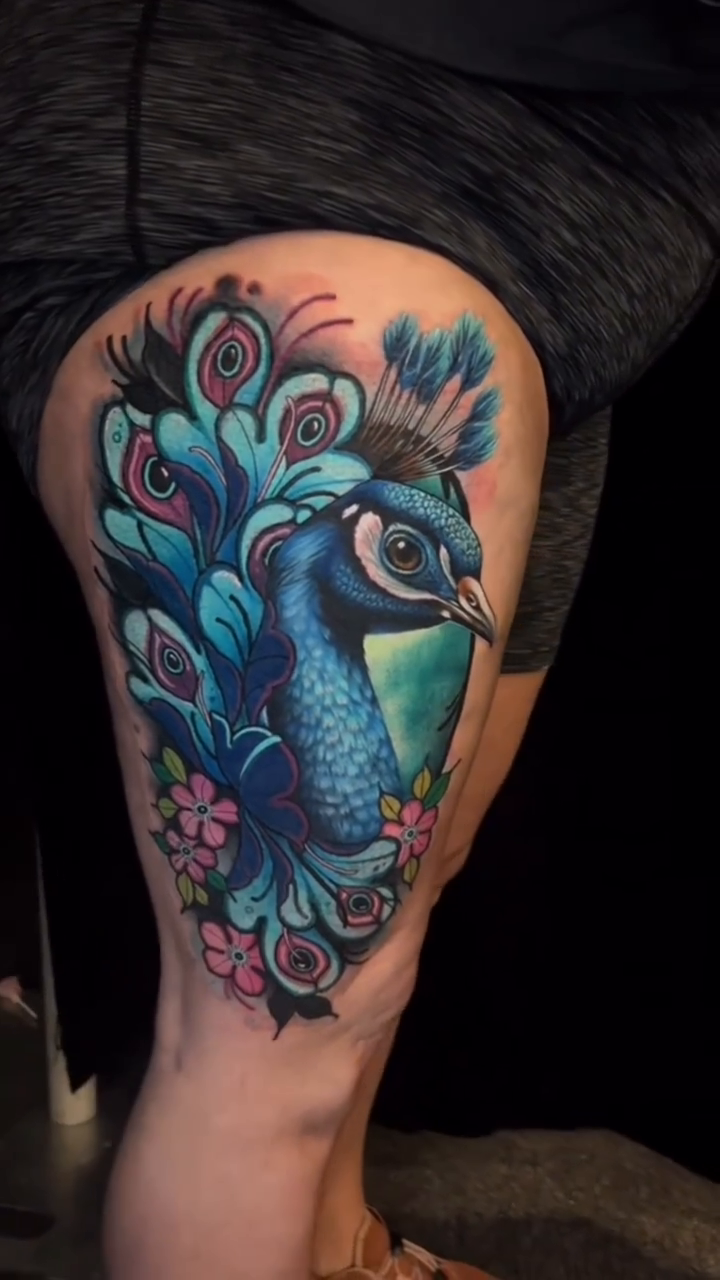 Peacock neo-traditional tattoo by Mary Blake Tattoos, Franklin, Tennessee