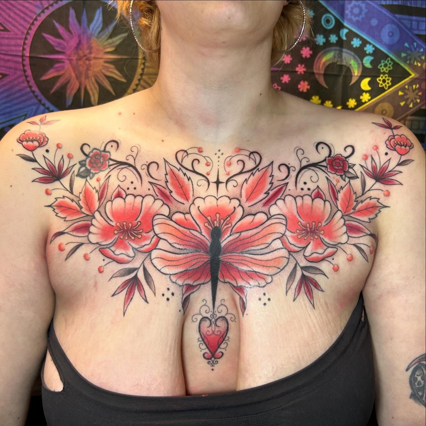 Floral arrangement American traditional tattoo on the chest by *♡+:・゚* caroline ✩*:・゚✧*:・゚