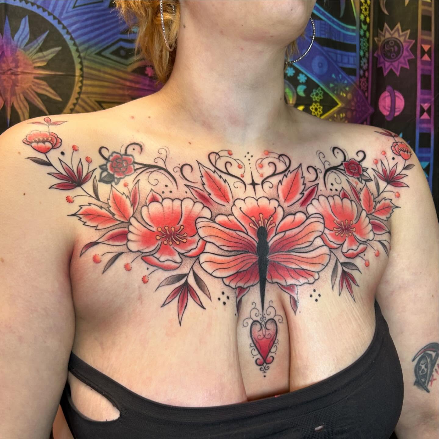 Floral arrangement with dragonfly new school tattoo on the chest by *♡+:・゚* caroline ✩*:・゚✧*:・゚