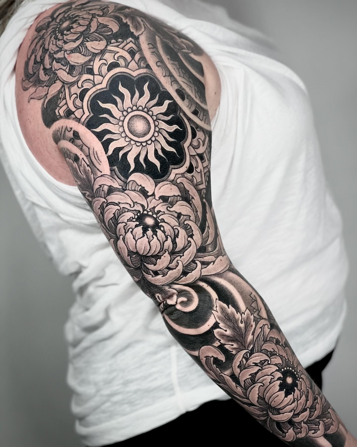 Tattoo by @ariesrhysing — black_and_grey, japanese_irezumi