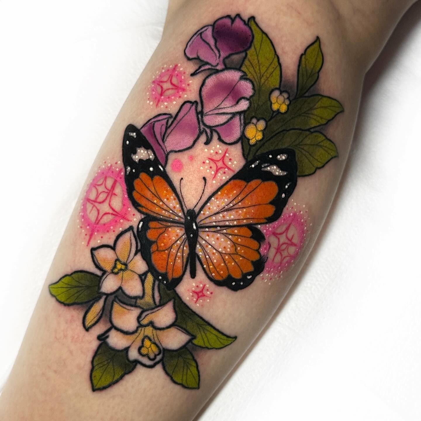 Butterfly and flowers dotwork tattoo on the forearm by πππ«π ππ¨ππ₯, Dallas, Texas