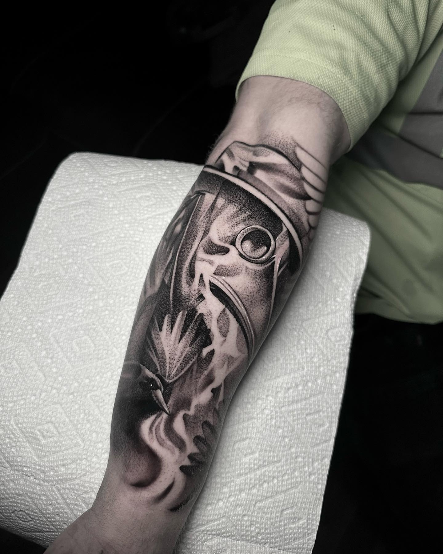 Abstract design black and grey tattoo on the forearm by Rawb