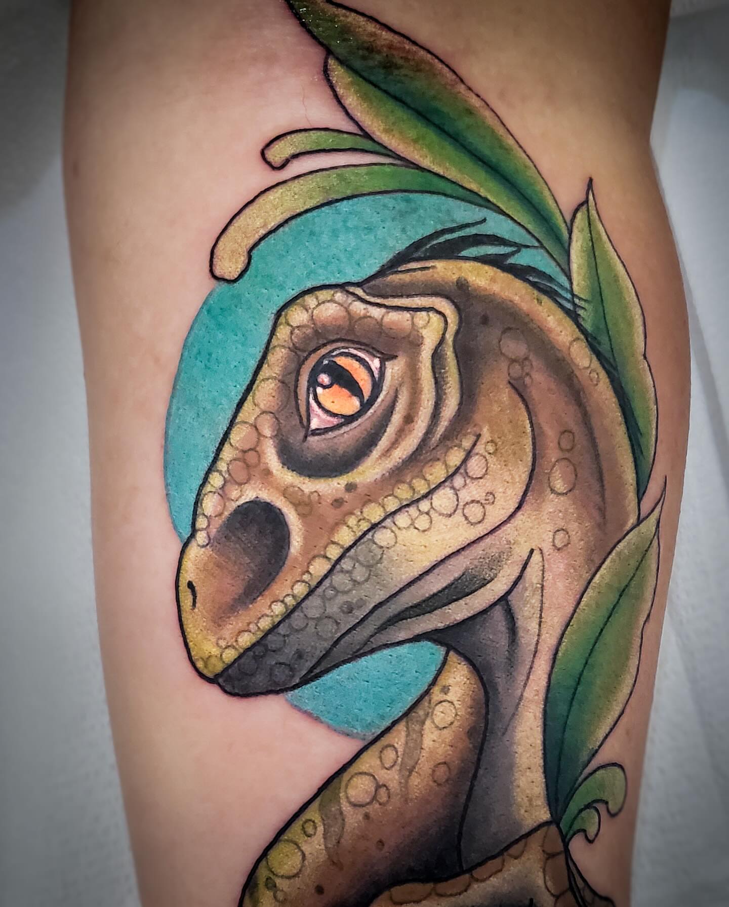 Lizard dotwork tattoo on the thigh by Ginny McCormick, Richmond, Virginia