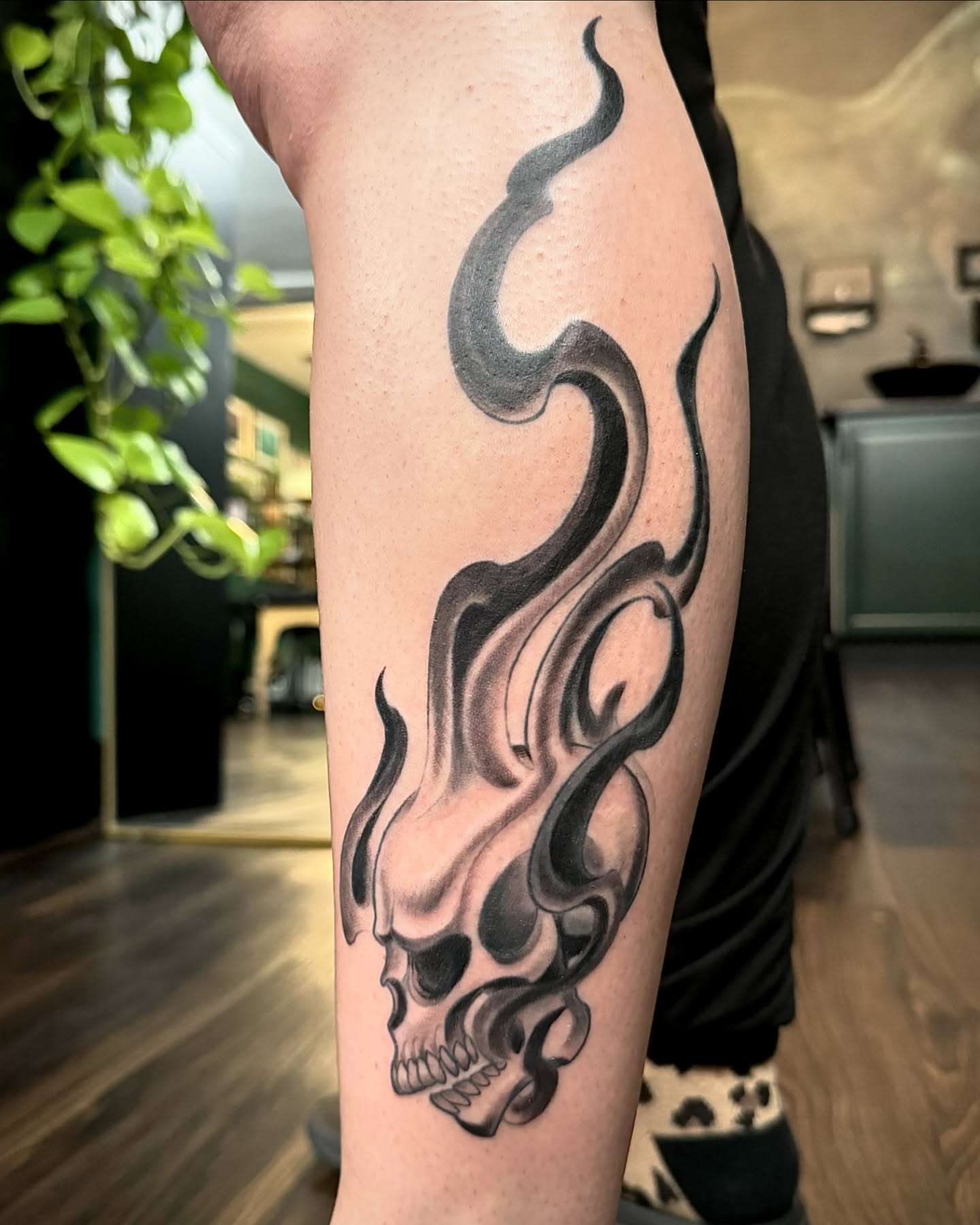 Smoking skull realism tattoo on the forearm by Chelsea Youngblood, Seattle, Washington