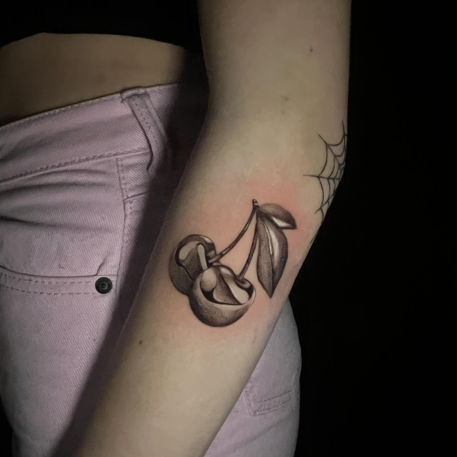 Cherries black and grey tattoo on the forearm by ˖.𖥔 ݁˖anna hoffman˖ ⊹ ࣪ ˖, Salt Lake City, Utah